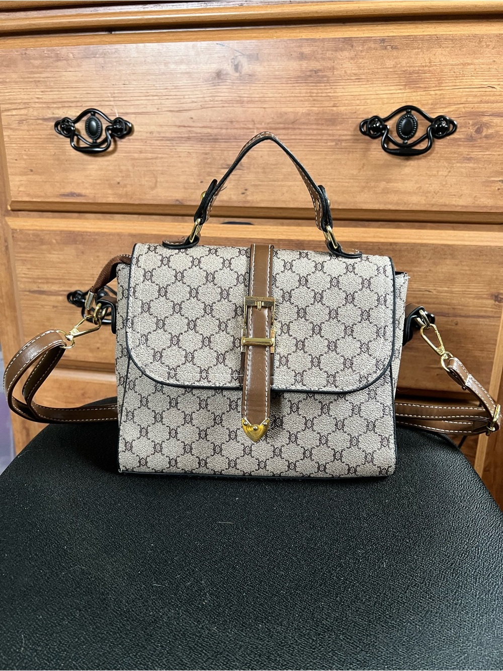 SHEIN Beige Patterned Top-Handle Satchel with Brown Trim